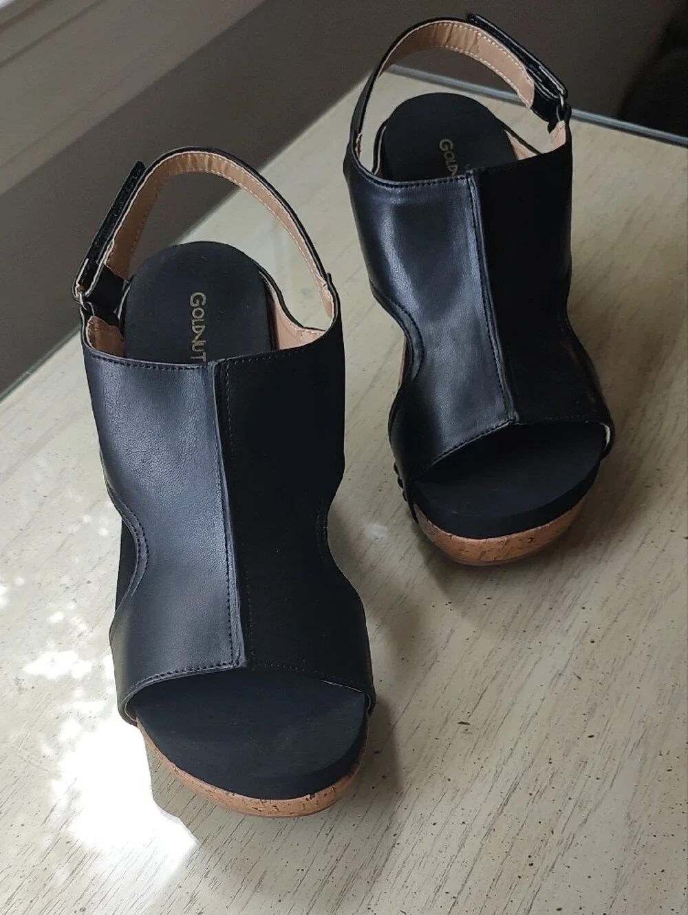 Black Cork Wedge Sandals with Slingback Strap